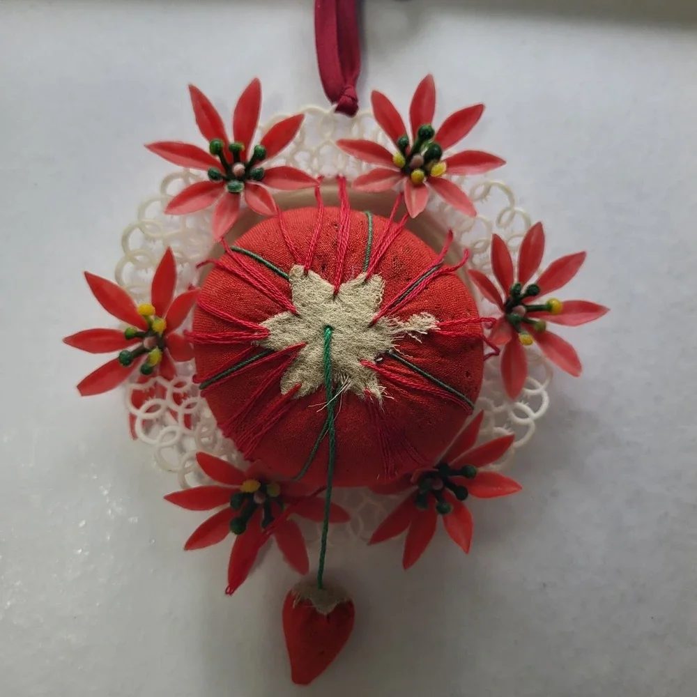 Vintage Florart Pin Cushion Plastic Lace Floral Decoration Made in Hong Kong